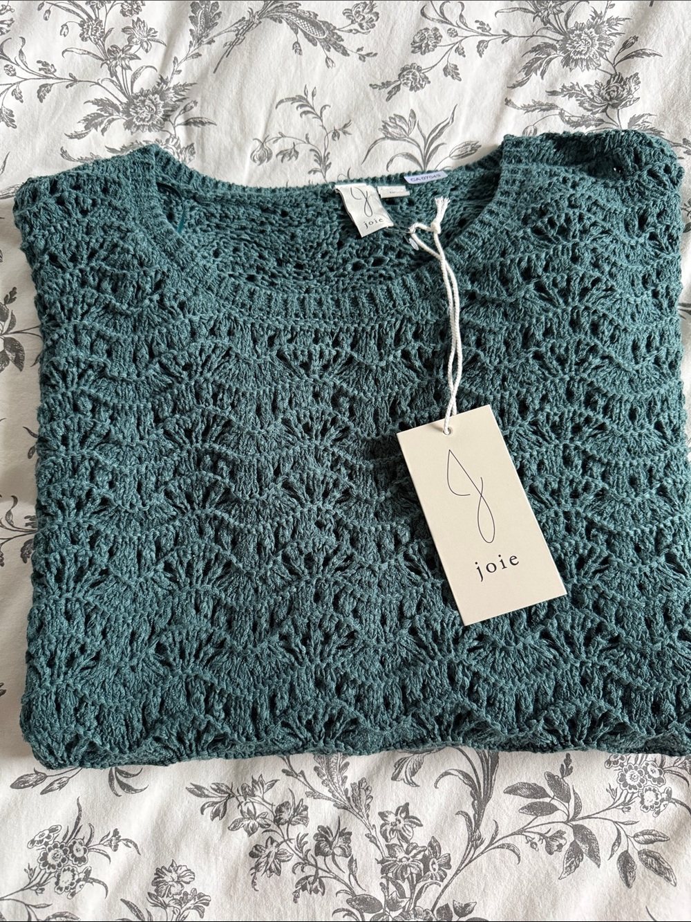 Joie Teal Openwork Crochet Crewneck Sweater
